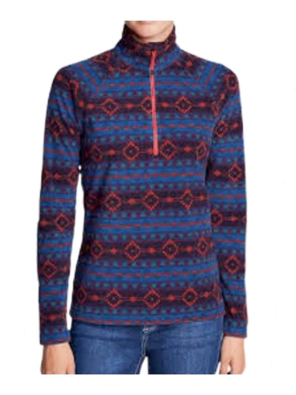Eddie Bauer Women's Geometric Quarter-Zip Top in Blue & Red Size M
